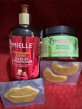 Mielle Leave-In Conditioner, gold gel eye & lip patches and Mielle hair mask